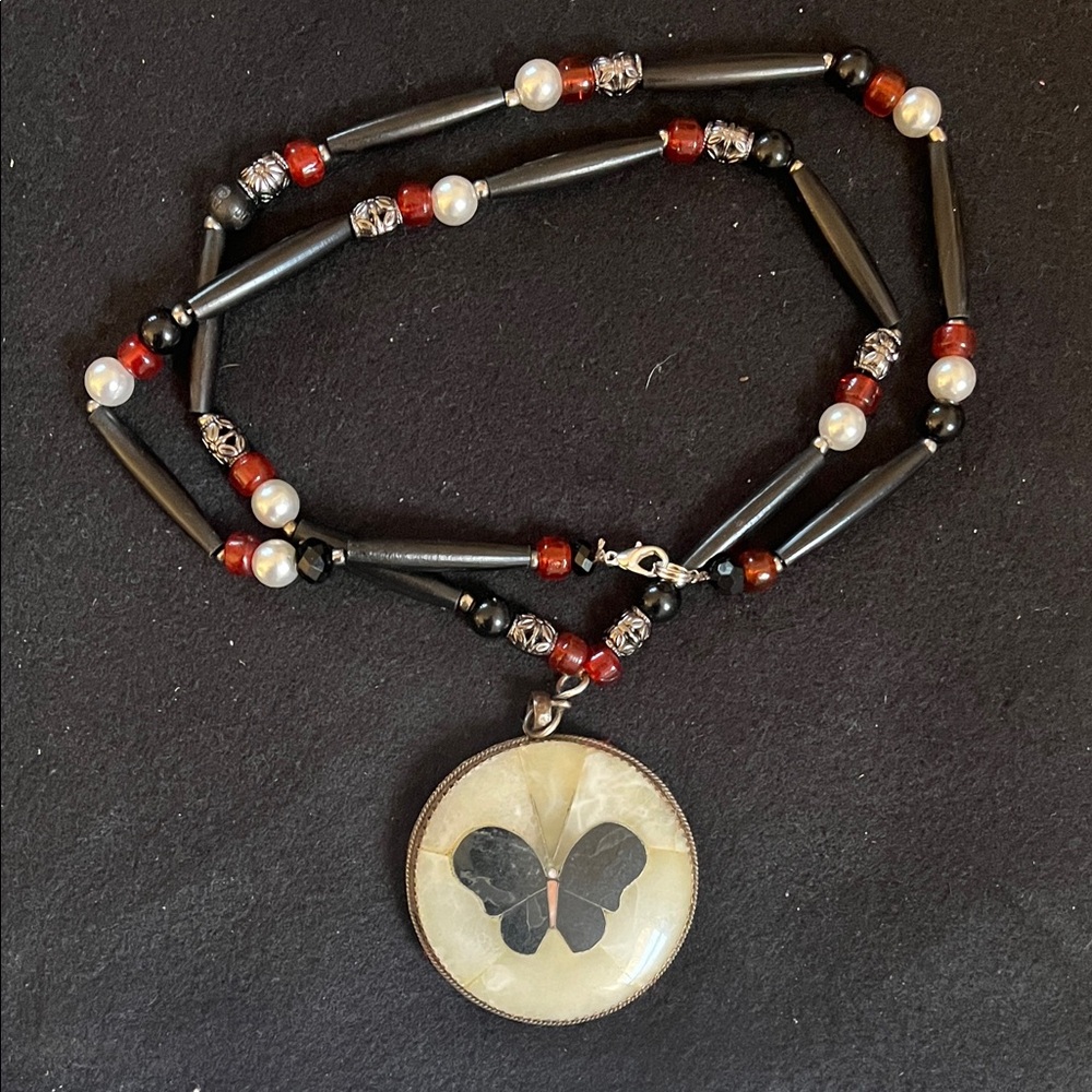 Elegant Black and Red Butterfly Pendant Necklace